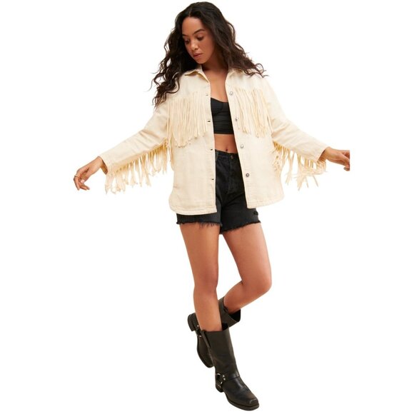 We The Free People Fringe Out Denim Jacket Ivory Western Festival Oversized Sz M - Picture 1 of 12
